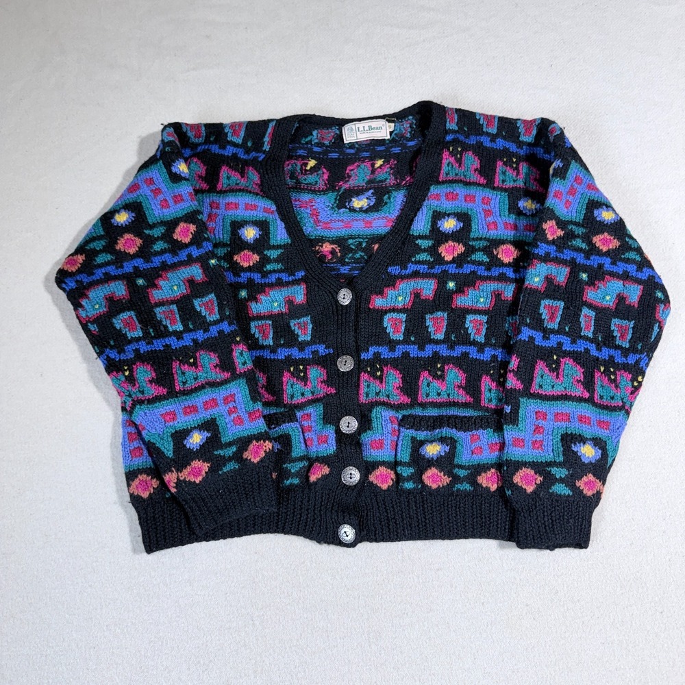 Vintage LL Bean Knit Cardigan Womens S Black Purple Aztec Funky Wool Sweater